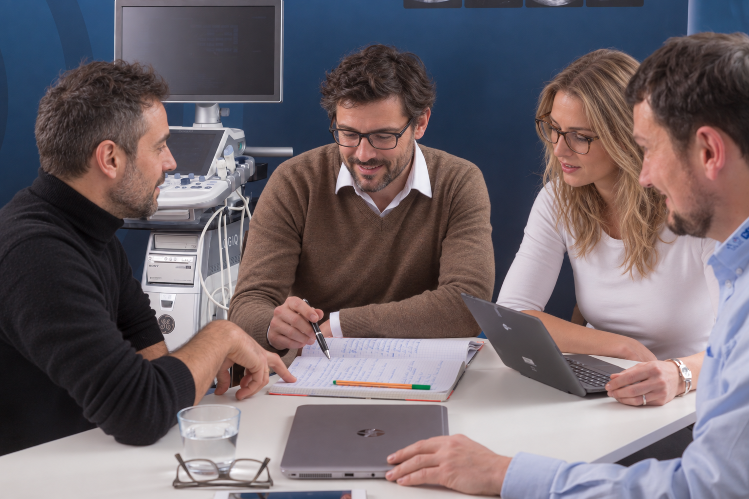 Vier Personen besprechen gemeinsam Unterlagen und digitale Arbeitsabläufe in einer Praxis.